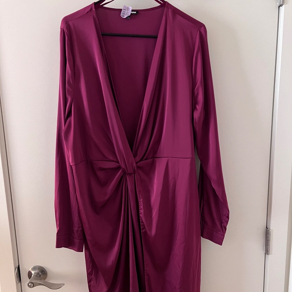 Fashion Nova Deep Neck Waist Knot Satin Mini Dress – Size 2X